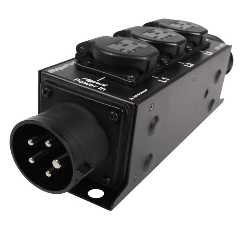 StagePort16S - CEE16 3-Phasen-Stromverteiler mit seitlichen Abgängen und Powercon Abgriffen aller drei Phasen