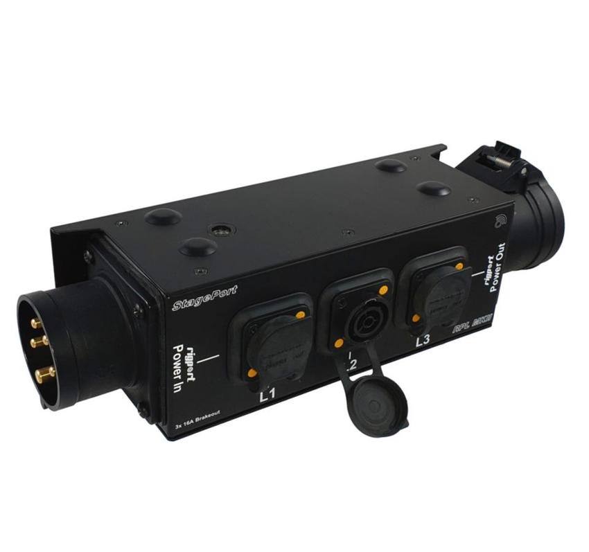 StagePort16T1- CEE16 3-Phasen-Stromverteiler mit seitlichen Abgängen und Powercon-T1  Abgriffen aller drei Phasen