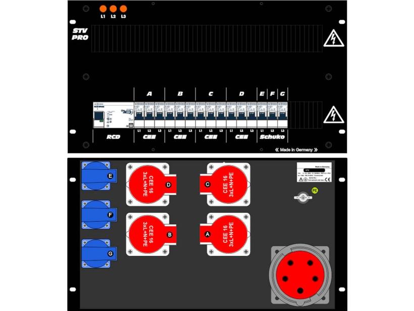 Ultralite Stromvert. STV 63A, FI, IN: CEE63 Kab. 1.5m/rücks. OUT: 4 CEE16, 3 Schuko rücks., 15 LS C16