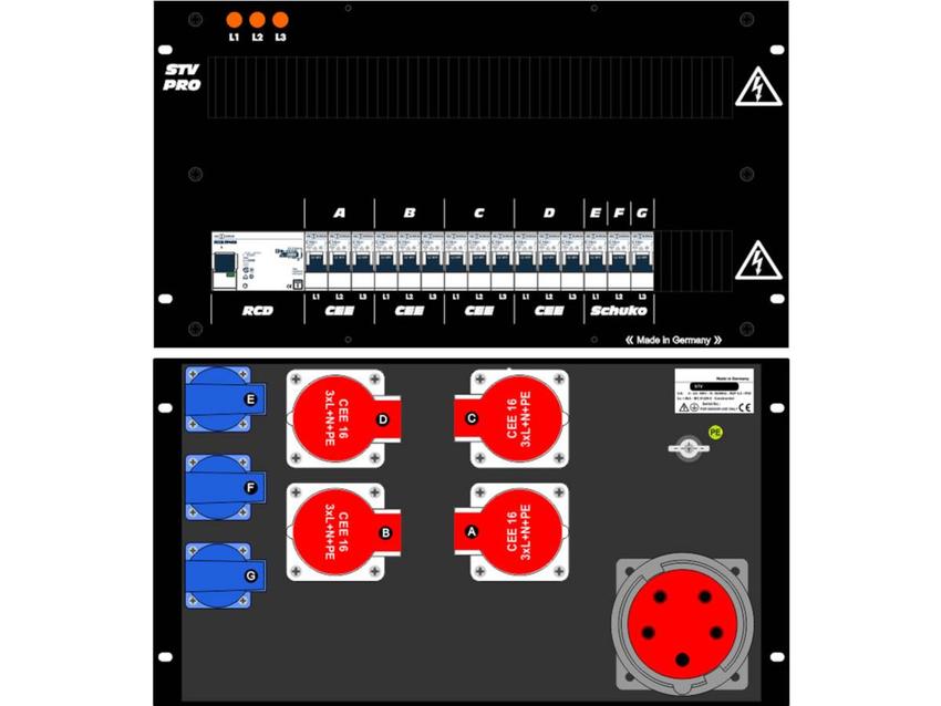 Ultralite Stromvert. STV 63A, FI, IN: CEE63 Kab. 1.5m/rücks. OUT: 4 CEE16, 3 Schuko rücks., 15 LS C16
