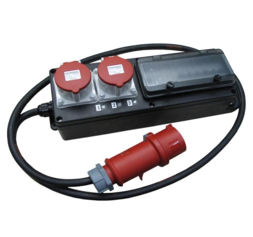 Ultralite Stromverteiler STG 32A, Outdoor, IP44, FI, 6x LS, IN: CEE32 Kabel 2m/seitlich, OUT: 2 CEE16, 1 FI 40/0.03,