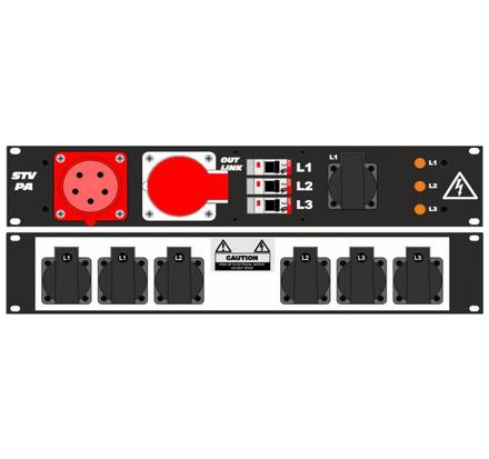 Ultralite Stromvert. STVPA 32A, IN: CEE32 Anbaust./vorne OUT: 1 CEE32, 1 Schuko vorne., 6 Schuko rücks., 3 LS C16