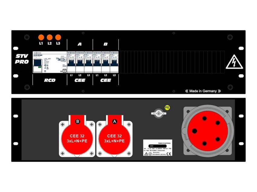Ultralite Stromvert. STV 63A, FI, IN: CEE63 Anbaust./rücks. OUT: 2 CEE32 rücks., 6 LS C32
