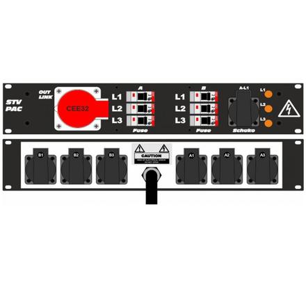 Ultralite Stromvert. STVPAC 32A, IN: CEE32 Kabel 2m/rücks. OUT: 1 CEE32, 1 Schuko vorne, 6 Schuko rücks., 6 LS C16