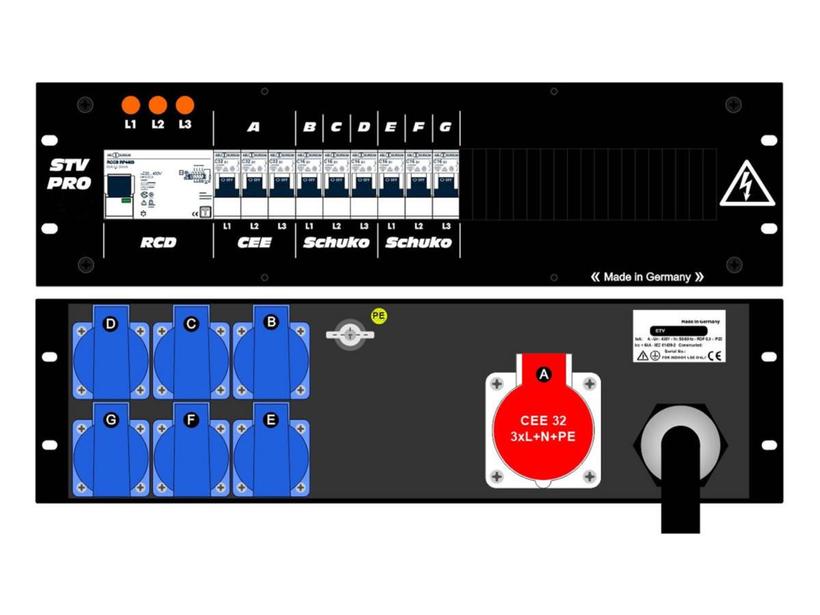 Ultralite Stromvert. STV 63A, FI, IN: CEE63 Kab. 1.5m/rücks. OUT: 1 CEE32, 6 Schuko rücks., 3 LS C32, 6 LS C16