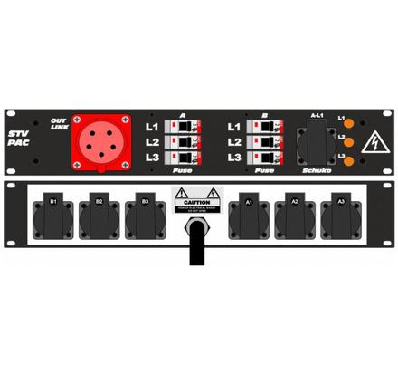 Ultralite Stromvert. STVPAC 32A, IN: CEE32 Anbaust./vorne OUT: 1 CEE32 Ka. 2m, 6 Schuko rücks., 1 Schuko vo., 6 LS C16