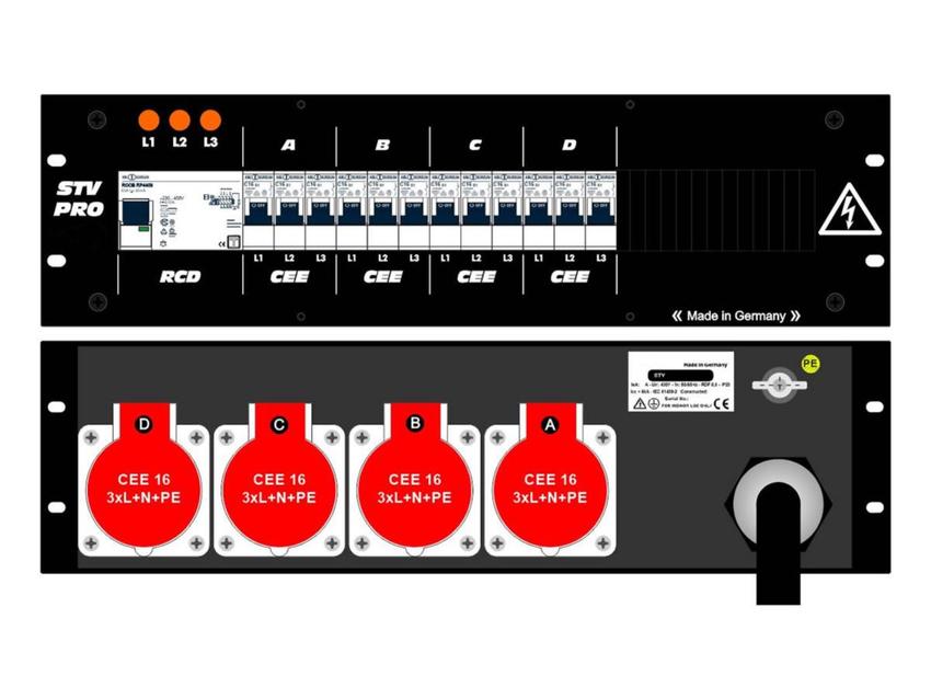 Ultralite Stromvert. STV 63A, FI, IN: CEE63 Kab. 1.5m/rücks. OUT: 4 CEE16 rücks., 12 LS C16