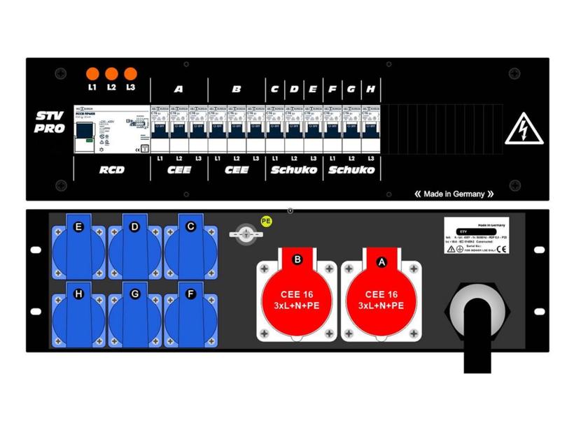 Ultralite Stromvert. STV 63A, FI, IN: CEE63 Kab. 1.5m/rücks. OUT: 2 CEE16, 6 Schuko rücks., 12 LS C16