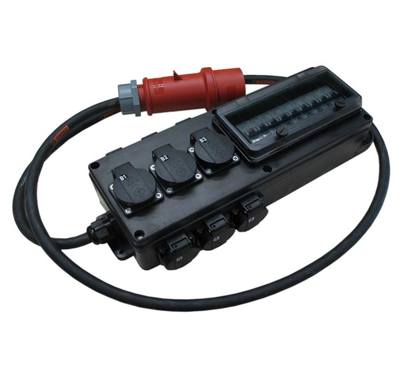 Ultralite Stromverteiler STG 32A, Outdoor, IP44, 6x LS, IN: CEE32 Kabel 2m/seitlich, OUT: 2 CEE16, 1 CEE32,