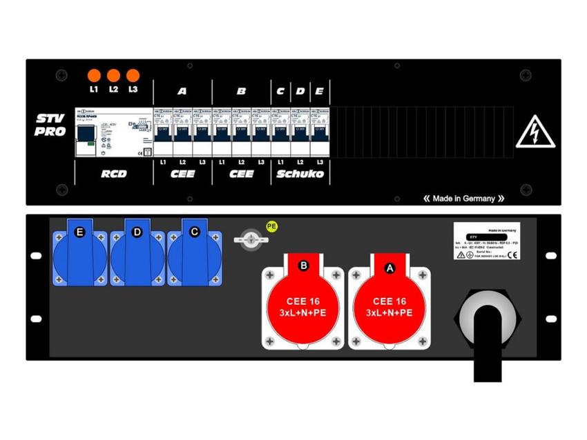 Ultralite Stromvert. STV 63A, FI, IN: CEE63 Kab. 1.5m/rücks. OUT: 2 CEE16, 3 Schuko rücks., 9 LS C16