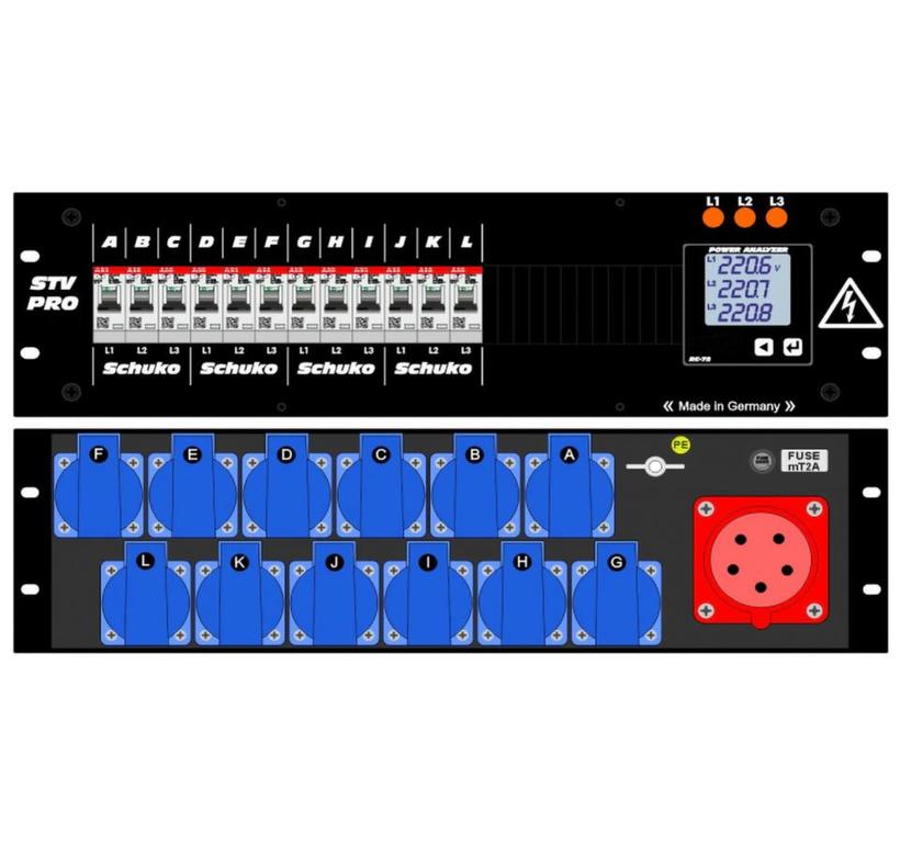 Ultralite Stromvert. STV 32A, 19" Gehäuse 3HE, schwarz IN: CEE32 Anbaust./ rücks.5p. 6h, OUT: 12x  Mennekes