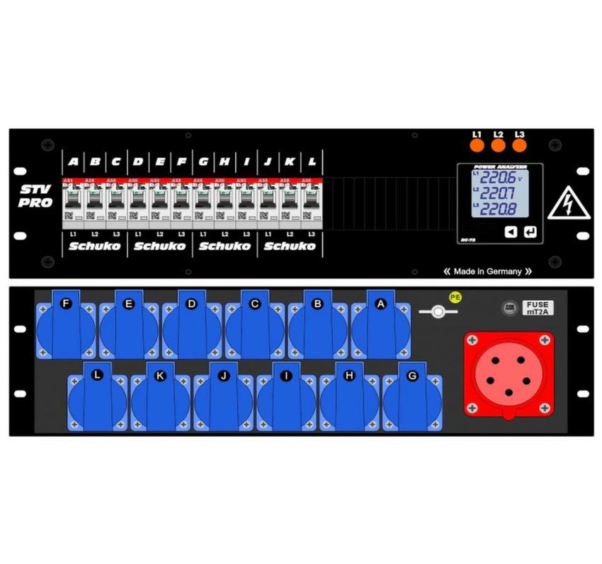 Ultralite Stromvert. STV 32A, 19" Gehäuse 3HE, schwarz IN: CEE32 Anbaust./ rücks.5p. 6h, OUT: 12x  Mennekes