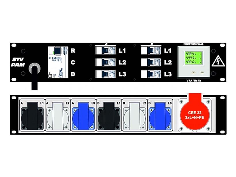 Ultralite Stromvert. STVPAM 32A, FI, IN: CEE32 Ka. 2m/vorne OUT: 1 CEE32A ,6 Schuko rücks., 6 LS C16A, FI 0.03A