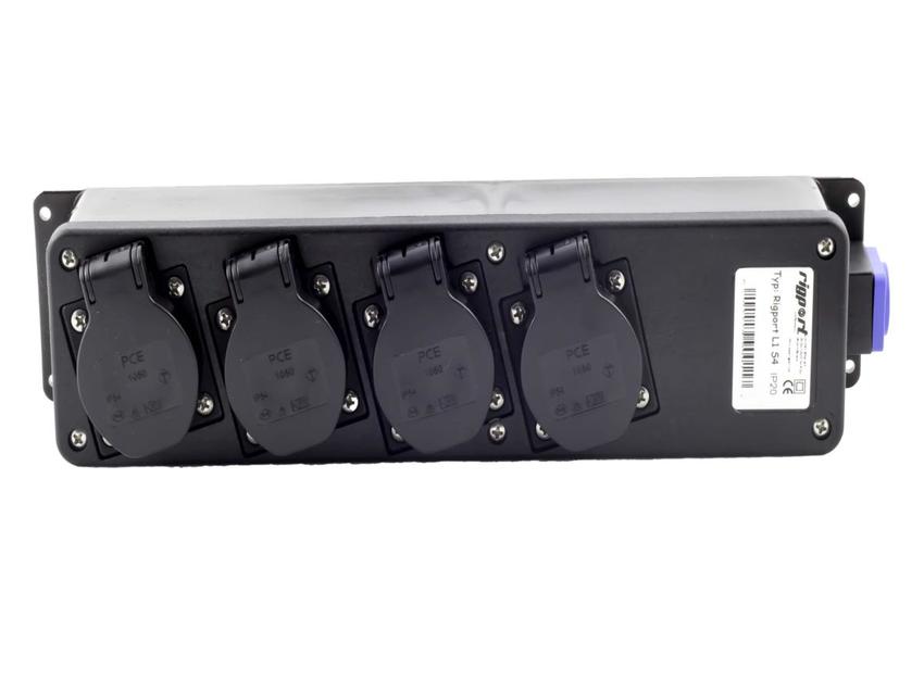 RigPortL1S4 - BreakoutBox mit Powercon Anschlüssen und 4 seitlichen Schukosteckdosen