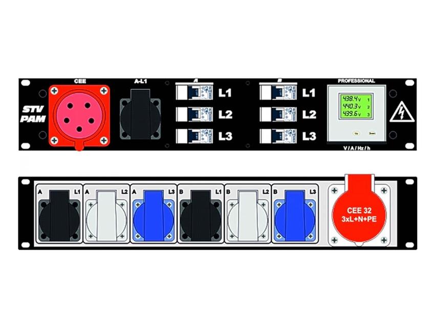 Ultralite Stromvert. STVPAM 32A, IN: CEE32 Anbaust./vorne OUT: 1 CEE32, 6 Schuko rücks., 1 Schuko vorne, 6 LS C16
