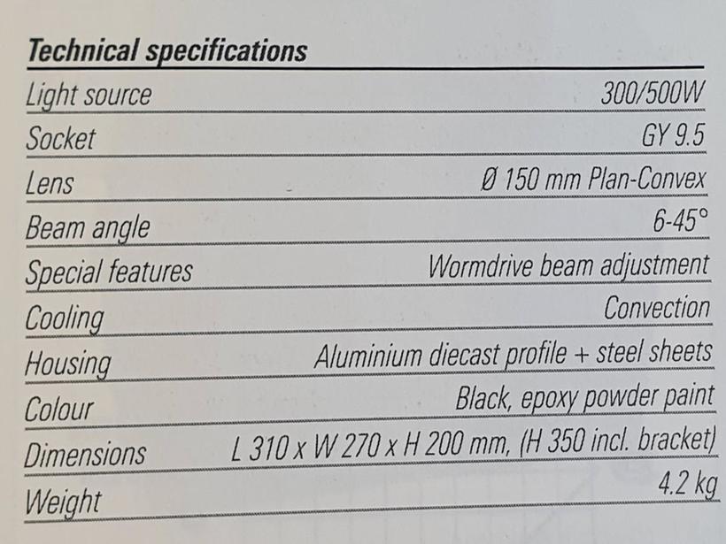 Ultralite T 500 Al, 500W, Theaterspot mit Spindelverstellung PC Linse, Sockel GY9.5, Code: PF5051  RESTPOSTEN