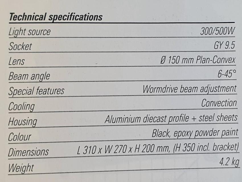 Ultralite T 500 Al, 500W, Theaterspot mit Spindelverstellung PC Linse, Sockel GY9.5, Code: PF5051  RESTPOSTEN