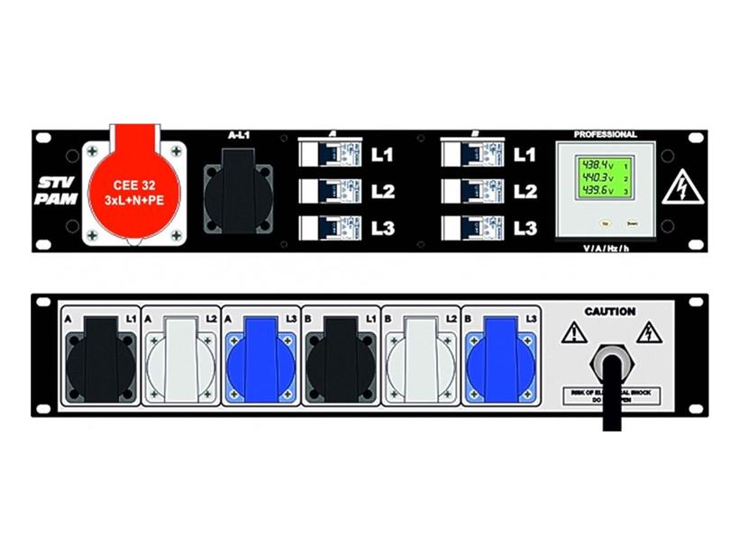 Ultralite Stromvert. STVPAM 32A, IN: CEE32 Kabel 2m/rücks. OUT: 1 CEE32, 1 Schuko vorne, 6 Schuko rücks., 6 LS C16