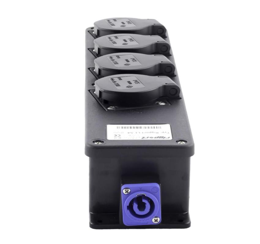 RigPortL1S4 - BreakoutBox mit Powercon Anschlüssen und 4 seitlichen Schukosteckdosen