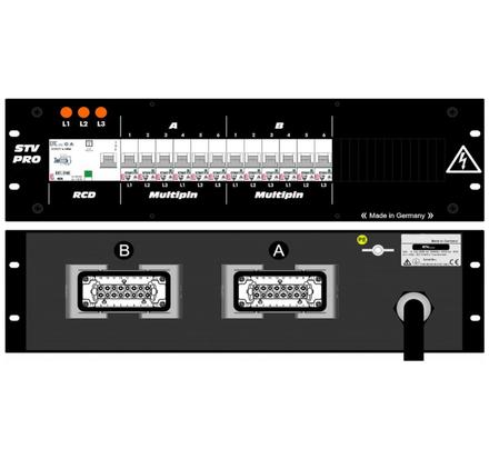 Ultralite Stromvert. STV16, 19" Gehäuse 3HE, schwarz IN: CEE16, 2m Kabel, OUT: 2x HB16, 1x RCD, 12x LSC16