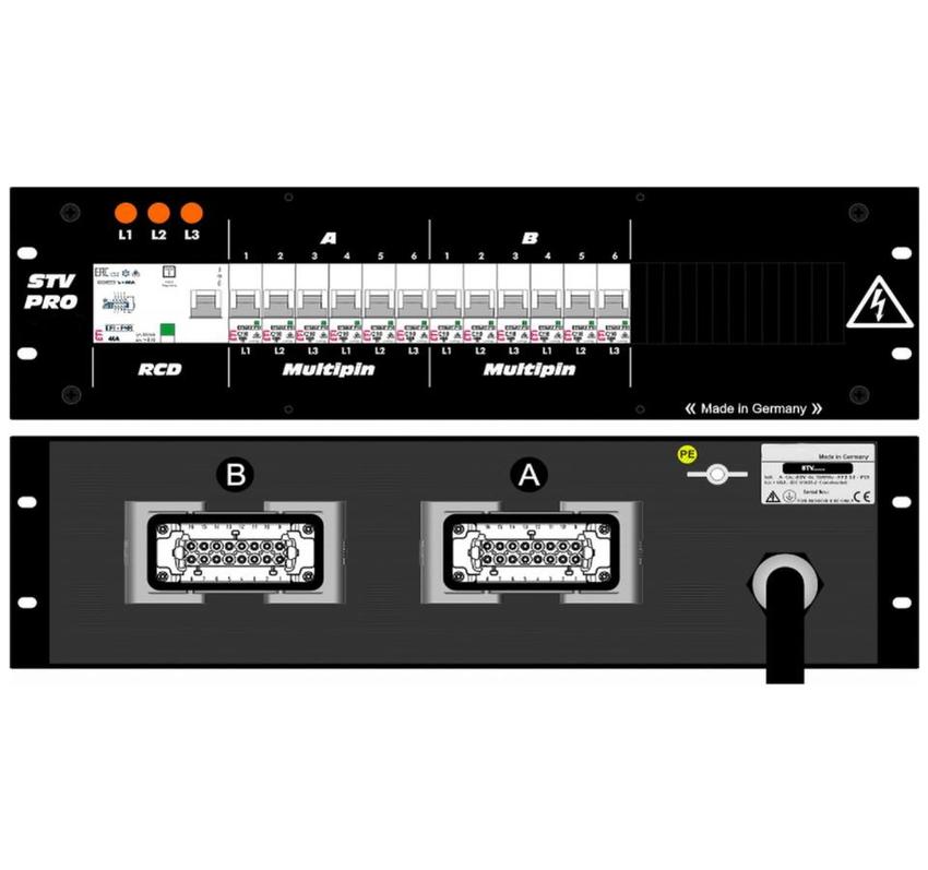 Ultralite Stromvert. STV16, 19" Gehäuse 3HE, schwarz IN: CEE16, 2m Kabel, OUT: 2x HB16, 1x RCD, 12x LSC16