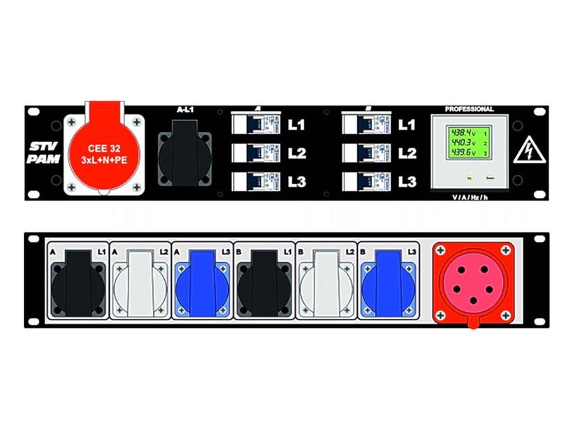 Ultralite Stromvert. STVPAM 32A, IN: CEE32 Anbaust./rücks. OUT: 1 CEE32, 1 Schuko vorne, 6 Schuko rücks., 6 LS C16