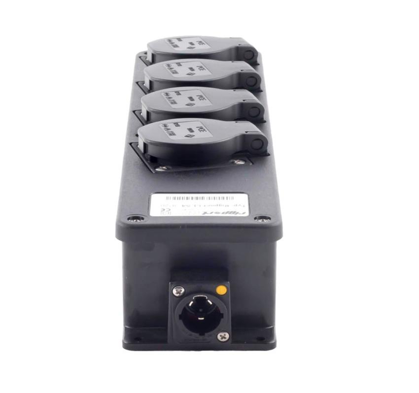 RigPortL1S4-T1 - BreakoutBox mit Powercon-True1 Anschlüssen und 4 seitlichen Schukosteckdosen