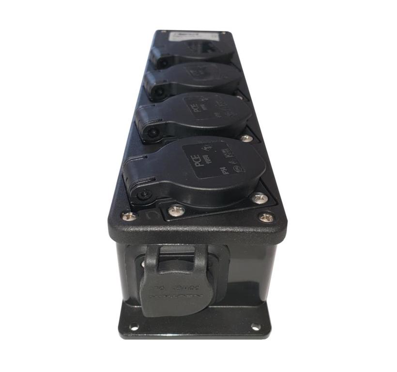 RigPortL1S4-T1 - BreakoutBox mit Powercon-True1 Anschlüssen und 4 seitlichen Schukosteckdosen