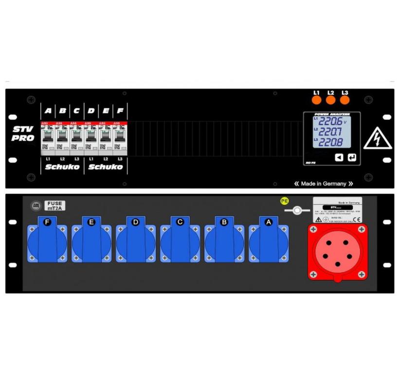 Ultralite Stromvert. STV 32A, 19" Gehäuse 3HE, schwarz IN: CEE32 Anbaust./ rücks.5p. 6h, OUT: 6x  Mennekes