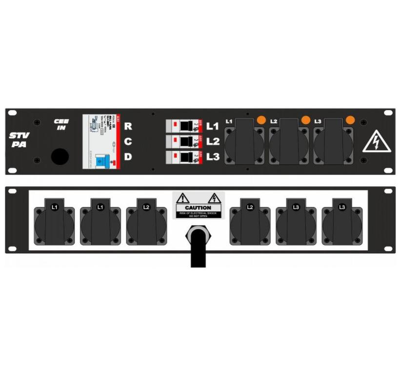 Ultralite Stromvert. STVPA 16A, FI, IN: CEE16 Ka. 2m/rücks. OUT: 6 Schuko rücks., 3 Schuko vorne, 3 LS C16