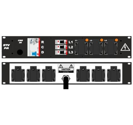 Ultralite Stromvert. STVPA 16A, FI, IN: CEE16 Ka. 2m/rücks. OUT: 6 Schuko rücks., 3 Schuko vorne, 3 LS C16