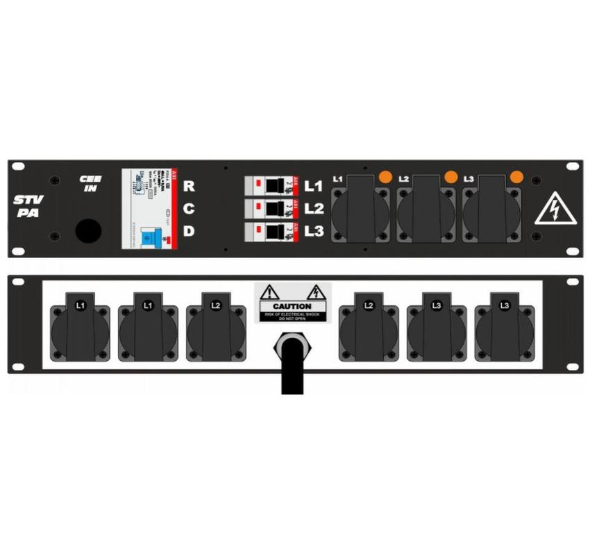 Ultralite Stromvert. STVPA 16A, FI, IN: CEE16 Ka. 2m/rücks. OUT: 6 Schuko rücks., 3 Schuko vorne, 3 LS C16