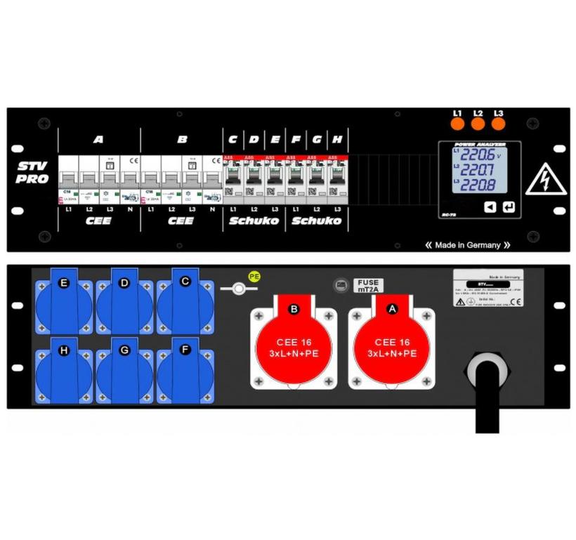 Ultralite Stromvert. STV 32A, 19" Gehäuse 3HE, schwarz IN: CEE32 400V, 5p. 6h m.2m Gummikabel OUT: 2x Anbaudosen