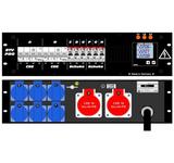 Ultralite Stromvert. STV 32A, 19" Gehäuse 3HE, schwarz IN: CEE32 400V, 5p. 6h m.2m Gummikabel OUT: 2x Anbaudosen