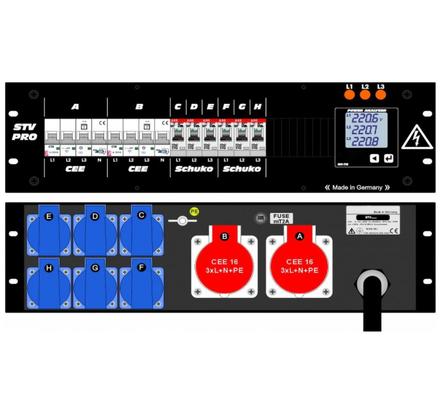 Ultralite Stromvert. STV 32A, 19" Gehäuse 3HE, schwarz IN: CEE32 400V, 5p. 6h m.2m Gummikabel OUT: 2x Anbaudosen
