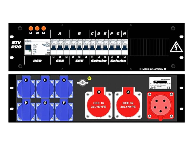 Ultralite Stromvert. STV 32A, FI, 19" Gehäuse 3HE, schwarz IN: CEE32 Anbaust./rücks.