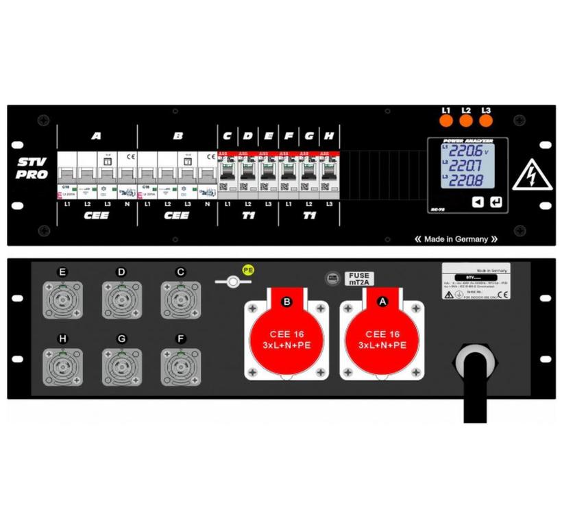 Ultralite Stromvert. STV 32A, 19" Gehäuse 3HE, schwarz IN: CEE32 400V, 5p. 6h m.2m Gummikabel OUT: 2x Anbaudosen