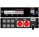 Ultralite Stromvert. STV 32A, 19" Gehäuse 3HE, schwarz IN: CEE32 400V, 5p. 6h m.2m Gummikabel OUT: 2x Anbaudosen