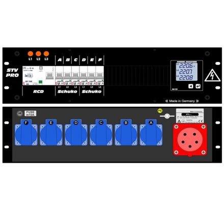 Ultralite Stromvert. STV 32A, 19" Gehäuse 3HE, schwarz IN: Anbaugerätestecker CEE32 400V, 5p. 6h, OUT: 6x Schuko