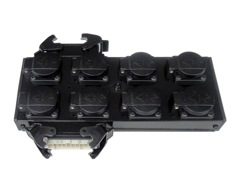 Ultralite Powerbox 8 (Alu) mit 2. Hartinganschluss, SCHWARZ In 1x HB16 /  OUT 8x Schuko & 1x HB16, inkl. M10 Hülse