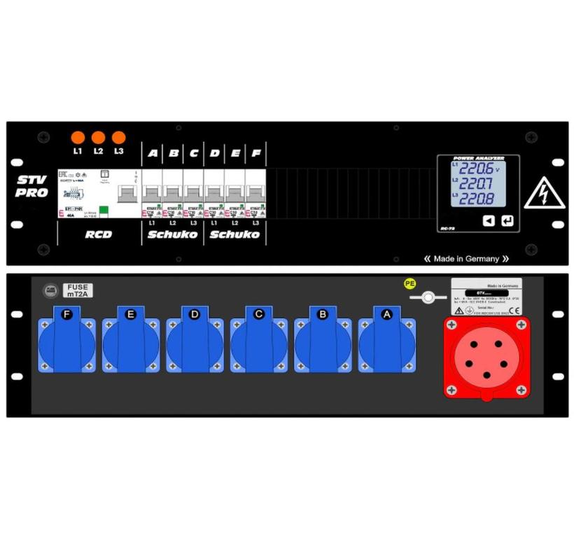 Ultralite Stromvert. STV 32A, 19" Gehäuse 3HE, schwarz IN: Anbaugerätestecker CEE32 400V, 5p. 6h, OUT: 12x Schuko