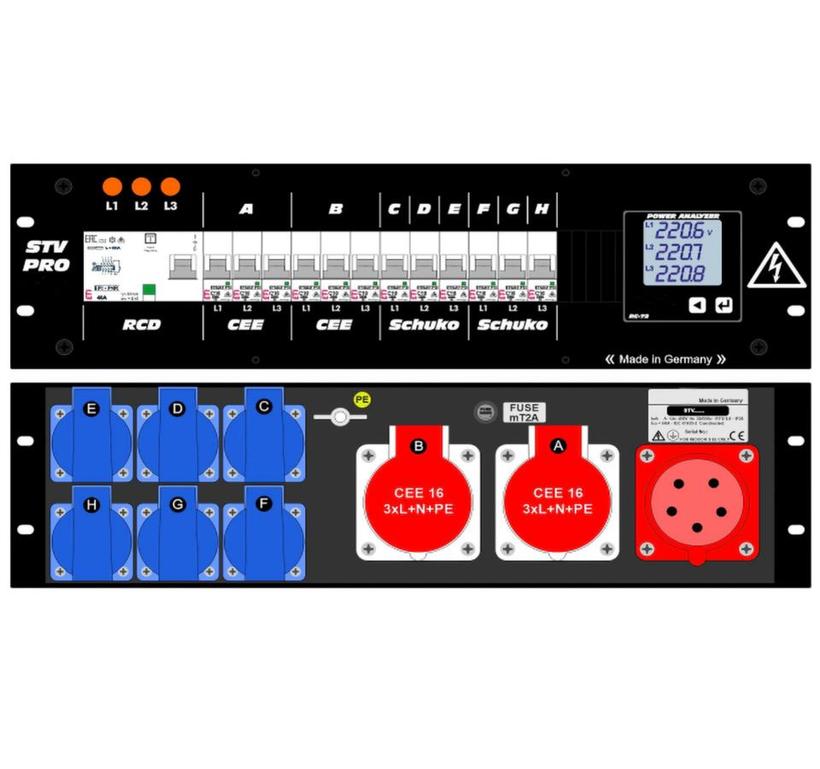 Ultralite Stromvert. STV 32A, 19" Gehäuse 3HE, schwarz IN: Anbaustecker CEE32 400V, 5p. 6h, OUT: 2x Anbaudosen, 6x