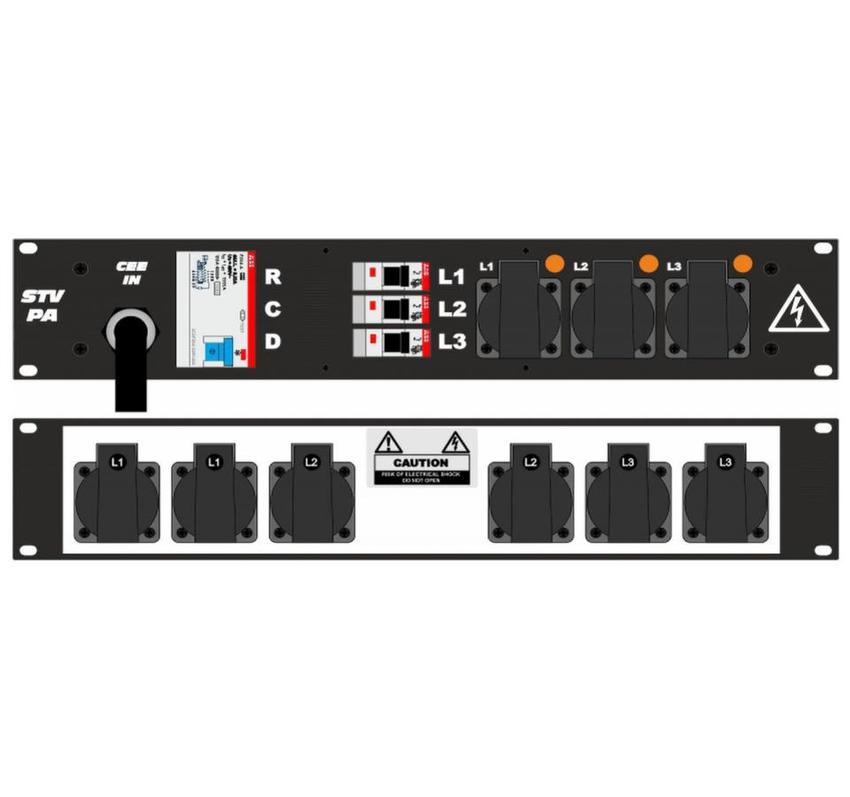 Ultralite Stromvert. STVPA 16A, FI, IN: CEE16 Ka. 2m/vorne OUT: 6 Schuko rücks., 3 Schuko vorne, 3 LS C16