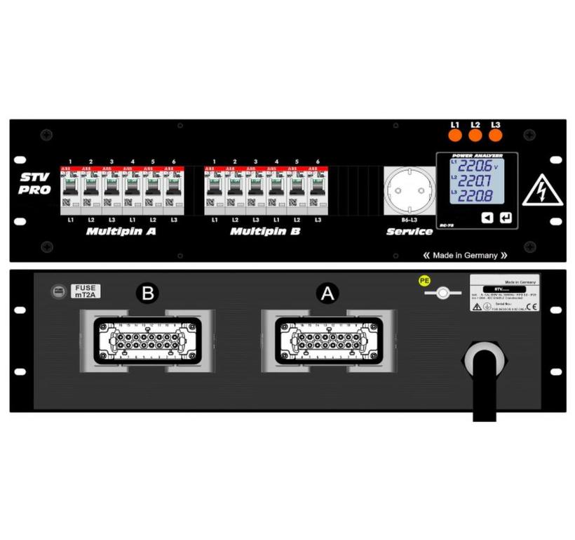 Ultralite Stromvert. STV 32A, 19" Gehäuse 3HE, schwarz IN: Stecker CEE32 400V, 5p. 6h, OUT: 2x Multipin HAN-E 16p,
