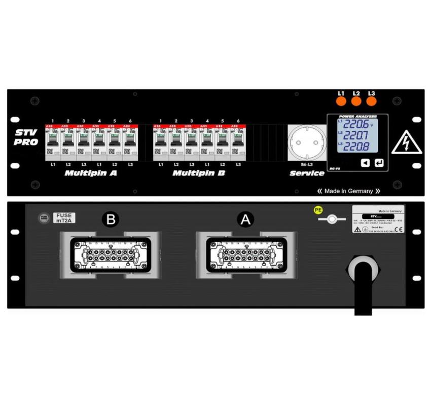 Ultralite Stromvert. STV 32A, 19" Gehäuse 3HE, schwarz IN: Stecker CEE32 400V, 5p. 6h, OUT: 2x Multipin HAN-E 16p,