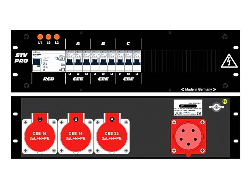 Ultralite Stromvert. STV 32A, FI, 19" Gehäuse, 3HE IN: CEE32 Anbaust./rücks.